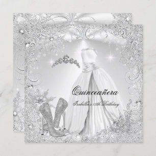 Quinceanera Party White Silver Winter Snowflakes 2 Invitation