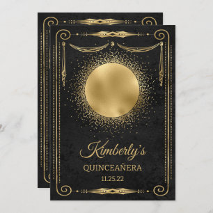 Quinceanera Party With Photo - Black and Gold Invitation