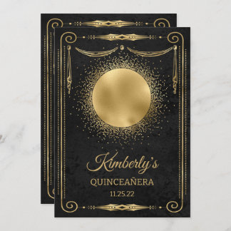 Quinceanera Party With Photo - Black and Gold Invitation