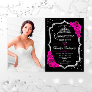 Quinceanera Party With Photo - Black Pink Silver Invitation