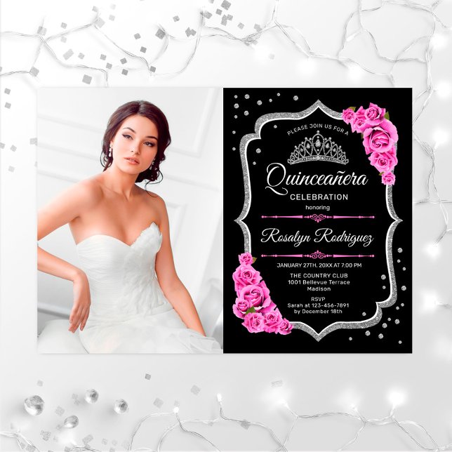 Quinceanera Party With Photo - Black Pink Silver Invitation (Creator Uploaded)