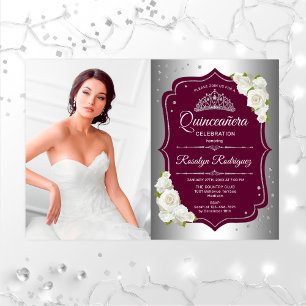 Quinceanera Party With Photo - Burgundy Silver Invitation