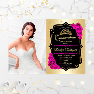Quinceanera Party With Photo - Gold Black Pink Invitation
