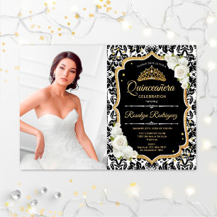 Quinceanera Party With Photo - Gold Black White Invitation