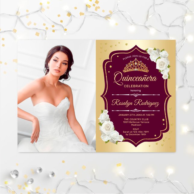 Quinceanera Party With Photo - Gold Burgundy Invitation (Creator Uploaded)
