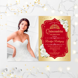Quinceanera Party With Photo - Gold Red Invitation
