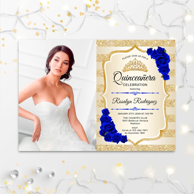 Quinceanera Party With Photo - Gold Royal Blue Invitation (Creator Uploaded)