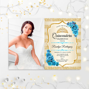 Quinceanera Party With Photo - Gold Turquoise Blue Invitation