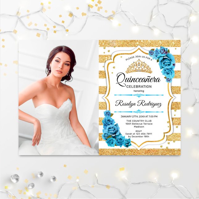 Quinceanera Party With Photo - Gold Turquoise Blue Invitation (Creator Uploaded)