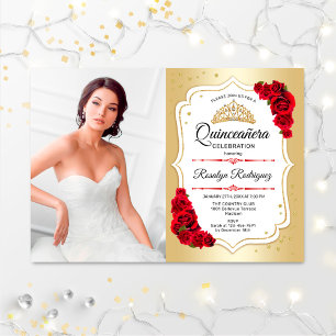 Quinceanera Party With Photo - Gold White Red Invitation