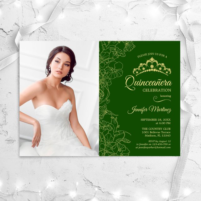 Quinceanera Party With Photo - Green Gold Floral Invitation (Creator Uploaded)