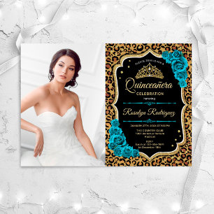 Quinceanera Party With Photo - Leopard Print Teal Invitation