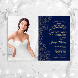 Quinceanera Party With Photo - Navy Gold Floral Invitation