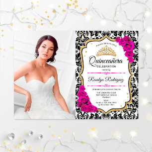 Quinceanera Party With Photo - Pink Gold Black Invitation