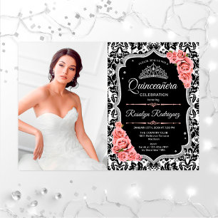 Quinceanera Party With Photo - Pink Silver Black Invitation