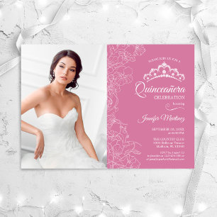 Quinceanera Party With Photo - Pink White Floral Invitation
