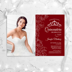 Quinceanera Party With Photo - Red White Floral Invitation