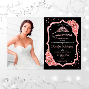Quinceanera Party With Photo - Rose Gold Black Invitation