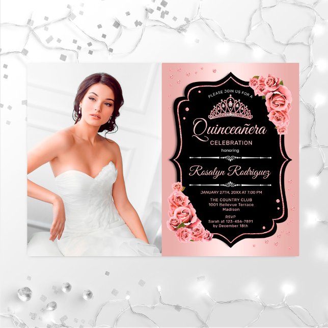 Quinceanera Party With Photo - Rose Gold Black Invitation (Creator Uploaded)