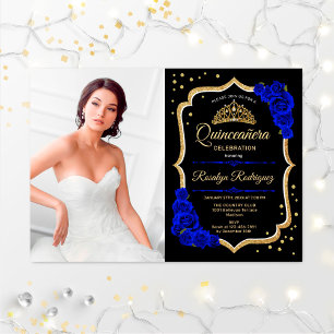 Quinceanera Party With Photo - Royal Blue Gold Invitation