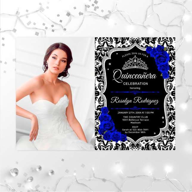 Quinceanera Party With Photo - Royal Blue Silver Invitation (Creator Uploaded)