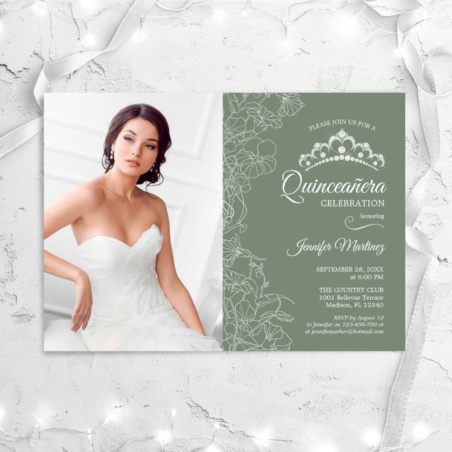 Quinceanera Party With Photo - Sage Green Floral Invitation (Creator Uploaded)