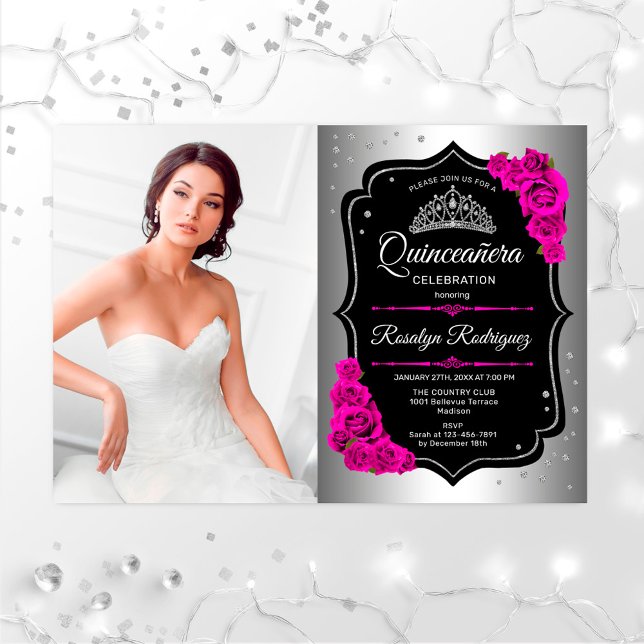 Quinceanera Party With Photo - Silver Black Pink Invitation (Creator Uploaded)