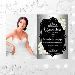 Quinceanera Party With Photo - Silver Black White Invitation