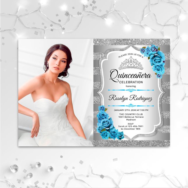 Quinceanera Party With Photo - Silver Icy Blue Invitation (Creator Uploaded)