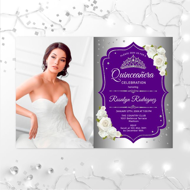 Quinceanera Party With Photo - Silver Purple Invitation (Creator Uploaded)