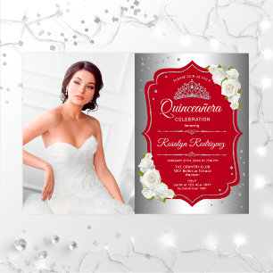 Quinceanera Party With Photo - Silver Red Invitation