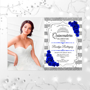 Quinceanera Party With Photo - Silver Royal Blue Invitation