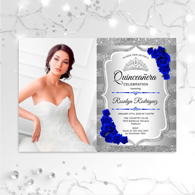 Quinceanera Party With Photo - Silver Royal Blue Invitation (Creator Uploaded)