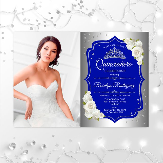 Quinceanera Party With Photo - Silver Royal Blue Invitation (Creator Uploaded)