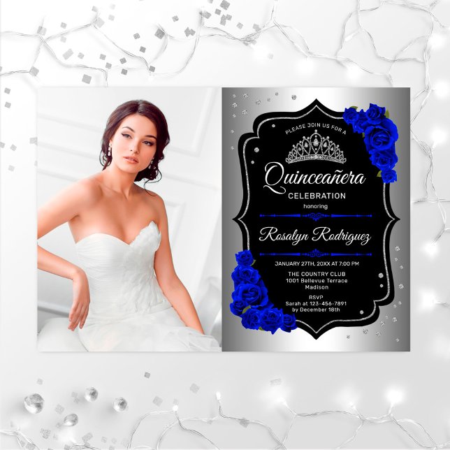 Quinceanera Party With Photo - Silver Royal Blue Invitation (Creator Uploaded)