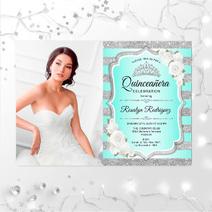 Quinceanera Party With Photo - Silver Turquoise Invitation