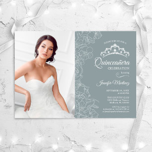 Quinceanera Party With Photo - Steel Blue Floral Invitation