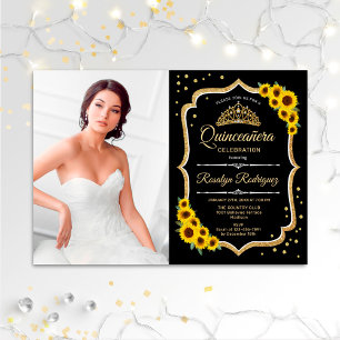 Quinceanera Party With Photo - Sunflowers Black Invitation