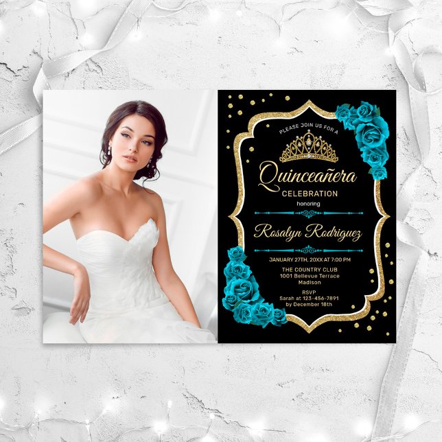 Quinceanera Party With Photo - Teal Black Gold Invitation (Creator Uploaded)