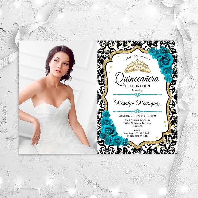 Quinceanera Party With Photo - Teal Gold Black Invitation (Creator Uploaded)