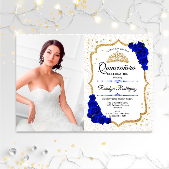 Quinceanera Party With Photo - White Gold Blue Invitation (Creator Uploaded)
