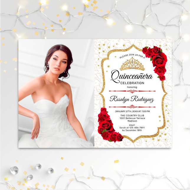 Quinceanera Party With Photo - White Gold Red Invitation (Creator Uploaded)
