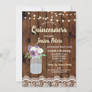 Quinceanera Party Wood Lace Floral Jar Invite 15th