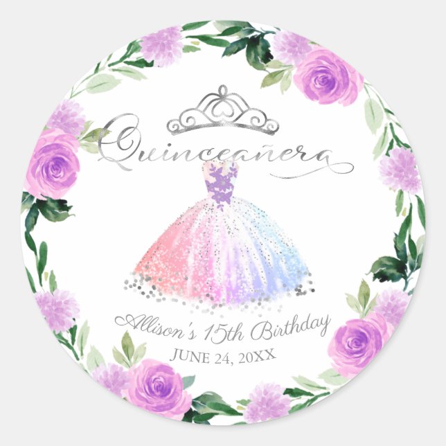 Quinceanera Pastel Colours Silver Gown Floral Classic Round Sticker (Front)