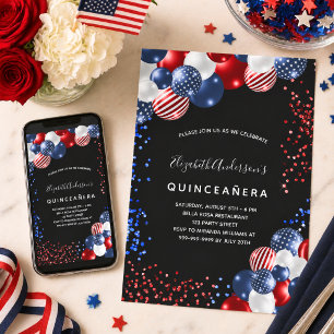 Quinceanera patriotic black red blue white balloon invitation