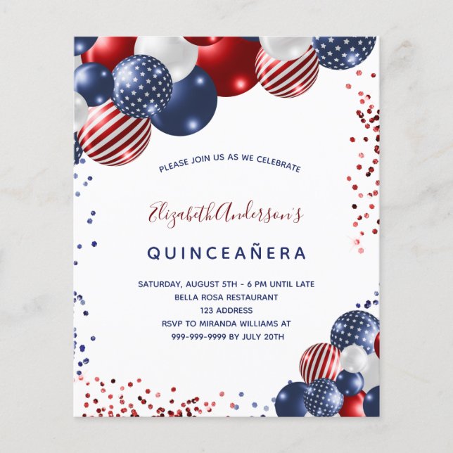 Quinceanera patriotic budget party invitation flyer (Front)