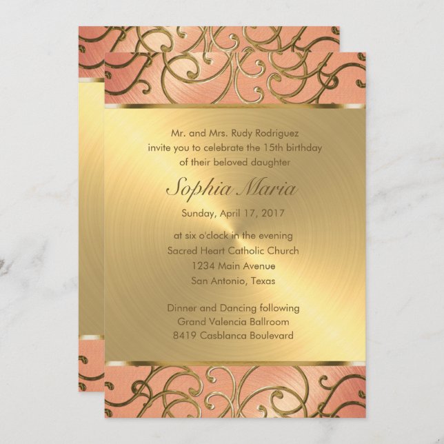 Quinceanera Peach and Gold Filigree Swirls Invitation (Front/Back)