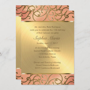 Quinceanera Peach and Gold Filigree Swirls Invitation