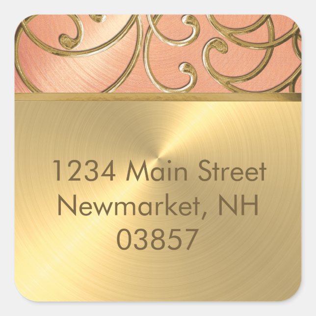 Quinceanera Peach and Gold Filigree Swirls Square Sticker (Front)