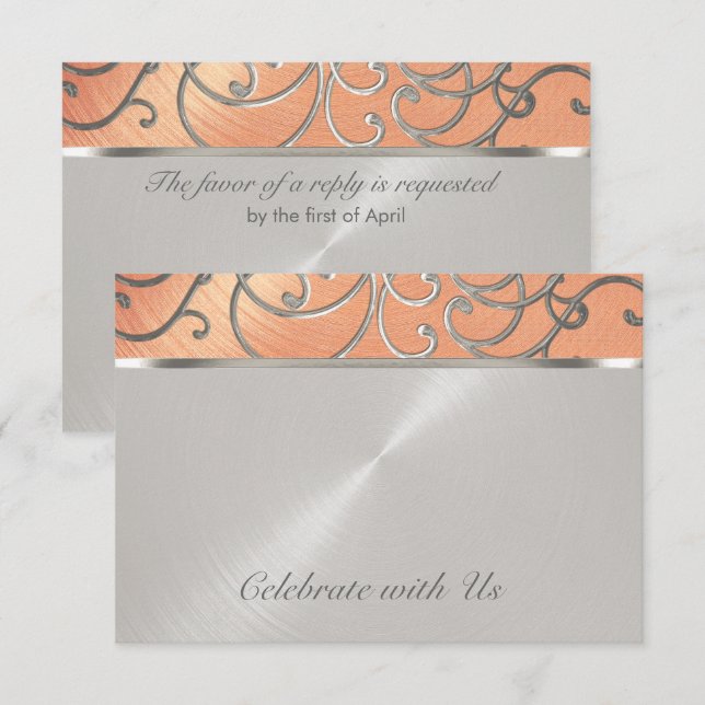 Quinceanera Peach and Silver Filigree Swirls Invitation (Front/Back)